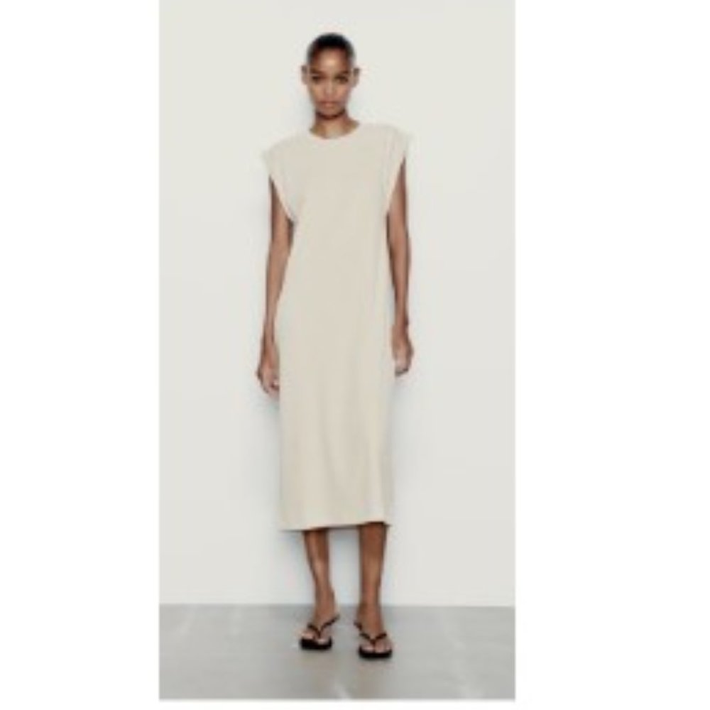 Zara L Cotton Sleeveless Crew Neck Sheath Dress in Khaki New!